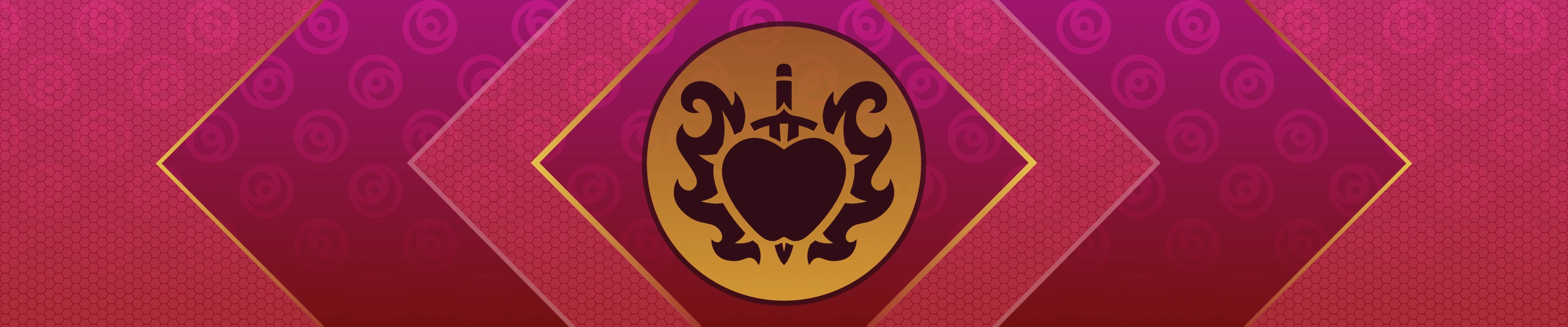 Vector illustration with a logo at its center. The logo depicts a heart-shaped apple with a dagger striking through it, flames on either side. The logo is set in a gold circle atop of background of red-pink diamonds. Stylized roses are faintly patterened in the back.